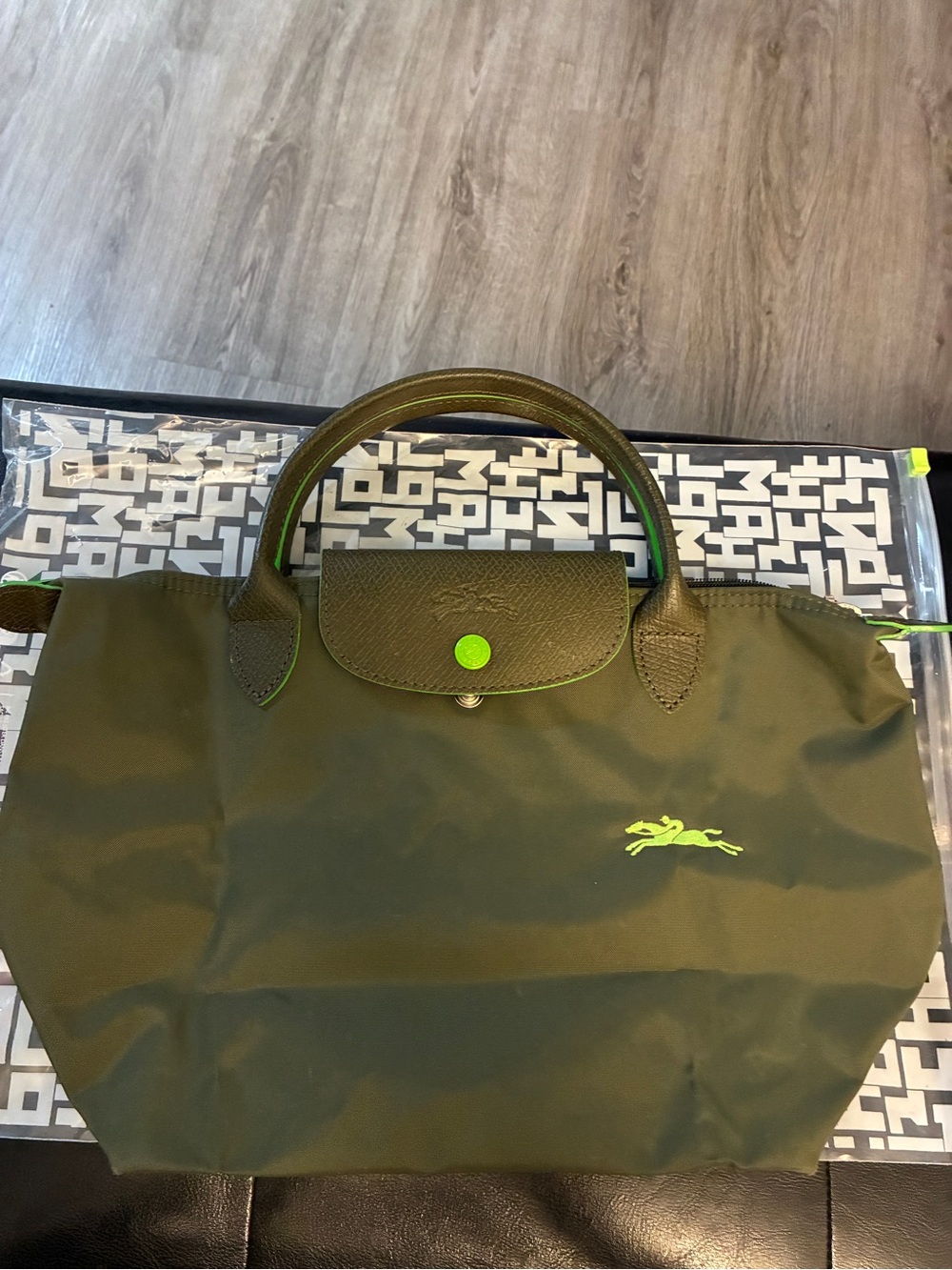 Longchamp Olive Nylon Tote with Neon Green Accents